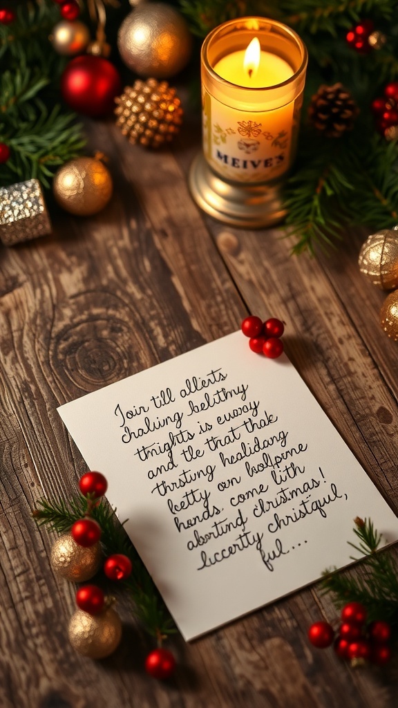 A Christmas card with a handwritten letter, festive decorations, and a candle on a wooden table.